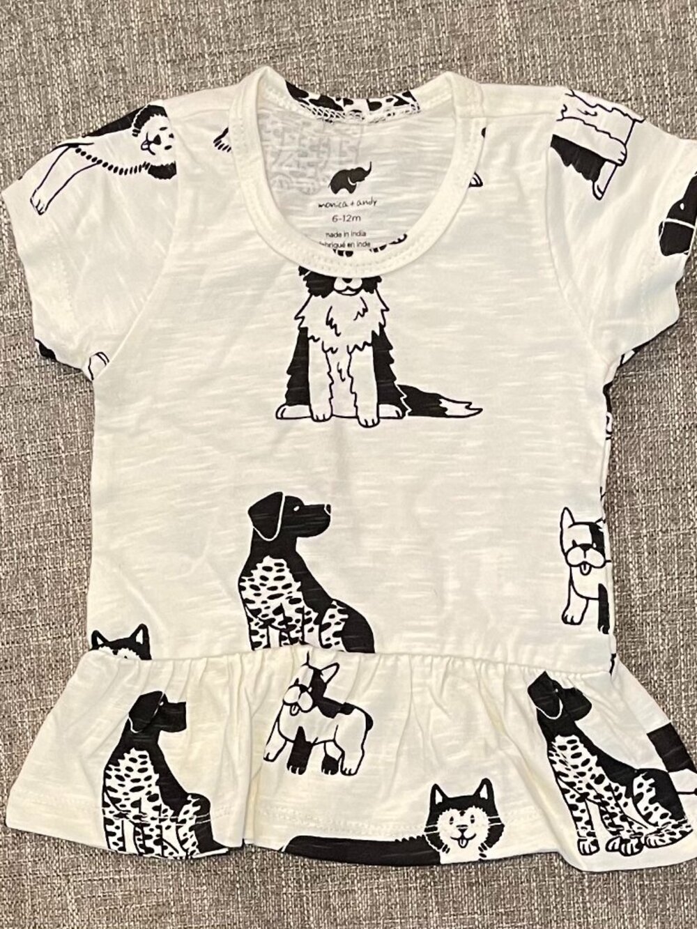 NWOT Monica + Andy Peplum Ruffle Tee - "Puppy Love" Dog Print - 6-12M